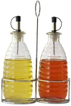 Ribbed Glass Oil and Vinegar Cruet Set with Carry Rack Caddy New - $14.84