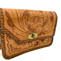 Leather Handmade Boho Western Floral Brown Tooled Leather Purse Vintage Has Wear - £12.68 GBP