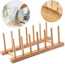 Disk Rack Bamboo Plate Holder Drying Rack Dish Drainer for Plates Lids 6 Slots - £8.87 GBP