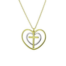 14K Solid Gold Double Heart With Cross Necklace Adjustable Religious 16&quot;-18&quot; - £347.20 GBP