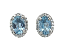 Platinum Oval Genuine Natural Aquamarine and Diamond Halo Stud Earrings (#J6727) - €829,73 EUR