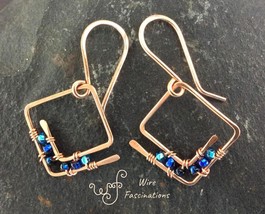 Handmade copper earrings: small square spiral hoops wire wrapped blue beads - £21.58 GBP