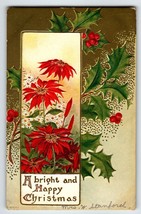 Christmas Postcard Embossed Poinsettias Flowers Series 74 Bright And Happy X-mas - £5.68 GBP