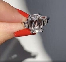 2 CT Three Stone Emerald Cut Moissanite Engagement Ring 14K White Gold Plated - £103.71 GBP