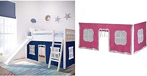 Twin Low Loft Bed With Slide And Blue Curtains, White &amp; Cotton Underbed ... - $739.99