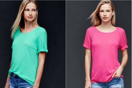 New GAP Women Green Pink Raglan Short Sleeves Thin Knit Rollup Sweater S M - £23.58 GBP