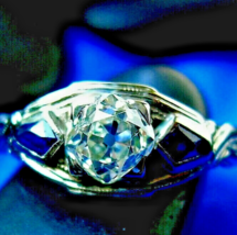 Earth mined Diamond Sapphire Engagement Ring Vintage 18k White Gold Solitare 7.5 - $3,795.25