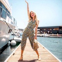 MODCLOTH Yellow Floral Genuine Genius Halter Wide Leg V Neck Smocked Jum... - $39.00