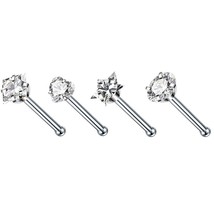 4PCS Surgical Steel Heart Nose Ring Stud Pack Real Star L Shape Nose Piercing St - £15.89 GBP