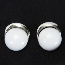 Bergere Signed Clip on Earring Silver Tone White Lucite Round Center 1&quot; x 1.2&quot; - £15.40 GBP
