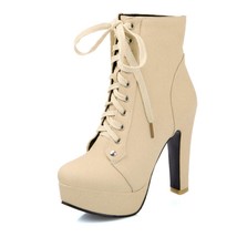 Autumn Winter Women Ankle boots high heels Lace up leather double buckle Platfor - £74.96 GBP
