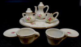 Vintage Miniature Hand Painted Porcelain Dollhouse Size Tea Set Pink Rose - £23.18 GBP
