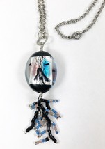 Handmade Beaded Fringe Pendant Necklace Glass Dichroic Silver Foil 2 Sided - £12.85 GBP