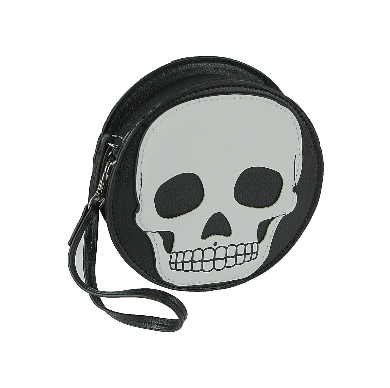 Primary image for Textured Black Vinyl Skull Design Round Wristlet Purse with Removable Strap
