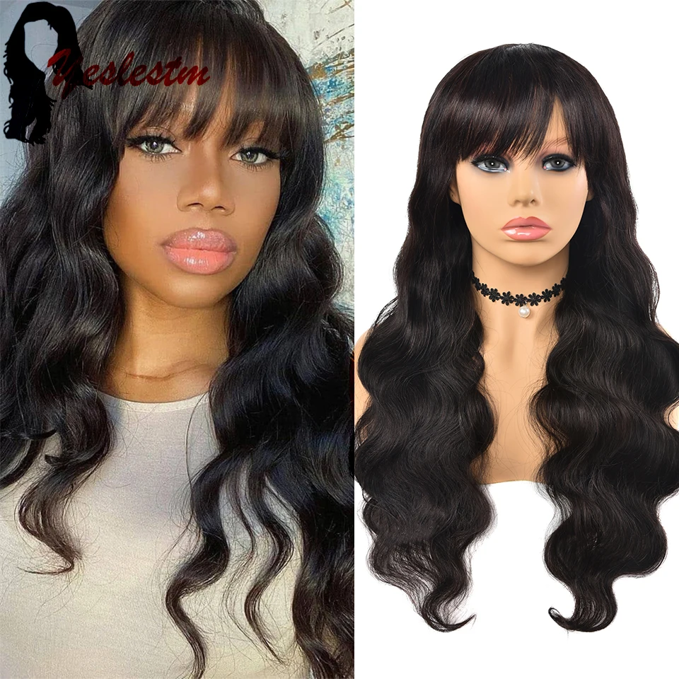 Yeslestm 100% Brazilian Body Wave Human Hair Wigs with Bangs Full Machine Wigs - £29.30 GBP+