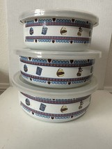 Vintage Kitchen Printed Enamel Metal Mixing Nesting Bowls Fun Colorful with Lids - £15.97 GBP