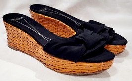 Kate Spade BLACK FABRIC Canvas Wicker Wedge Platform Slide Sandal Bow 9 ... - $752.48 MXN
