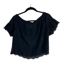 Madewell Womens Shirt Size Medium Black Eyelet Ruffle Cropped Top Short Sleeve - £16.62 GBP