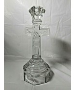 Jesus On Cross Candle Holder INRI 9 1/2&quot; Antique Clear Pressed Glass Taper - £21.87 GBP