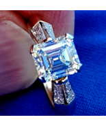 Earth mined Diamond Deco Engagement Ring Vintage Style Emerald cut Solitaire 14k - $8,450.25