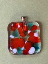 Clear w Red Aqua Blue &amp; White Fused Art Glass Rounded Square Pendant or Charm - - $13.09