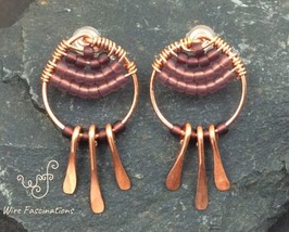 Handmade copper post earrings: small circles wire wrapped purple beads &amp; dangles - £21.99 GBP