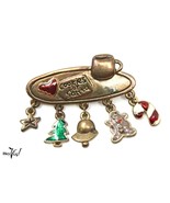 Vintage 1.5&quot; Christmas Pin - Milk &amp; Cookies for Santa w Hanging Charms -... - £12.53 GBP