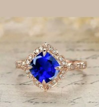 14K Rose Gold Plated 2.50Ct blue Simulated sapphire cushion solitaire ring - £76.85 GBP