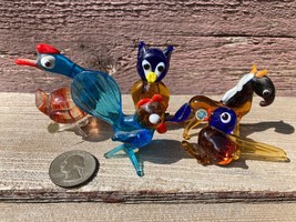 Lot 5 VTG Miniature Blown Glass Murano Style Animals Owl Chicken Horse  - $19.75