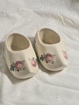 Pair Of Vtg Dutch Clog Shoe Ceramic Planter wth Pink applied Rose&#39;s Pers... - £7.89 GBP