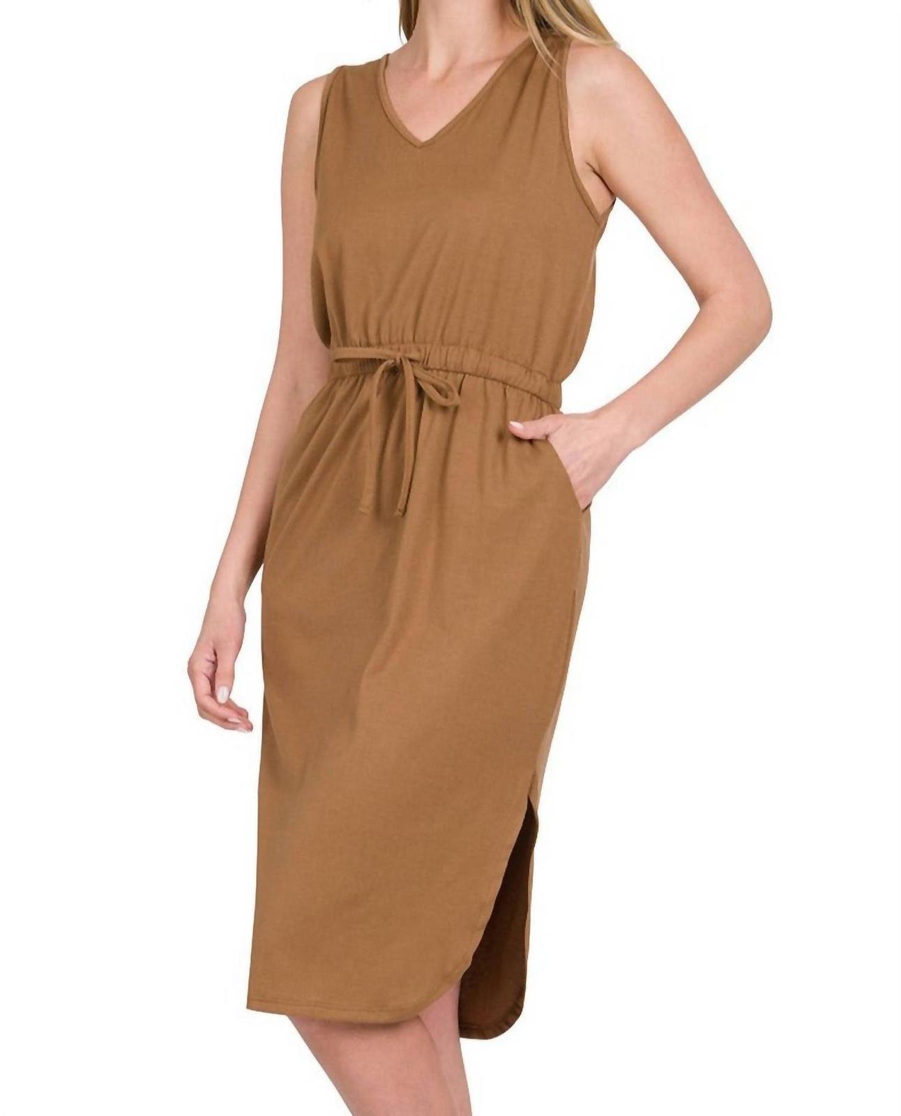 Zenana Drawstring Waist Curved Hem Dress Deep Camel - $45.00
