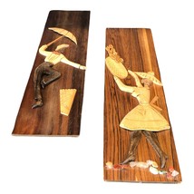 Vtg African Set Girl &amp; Boy Folk Art Scroll Cut Hand Carved Wood Plaque RARE - £32.88 GBP