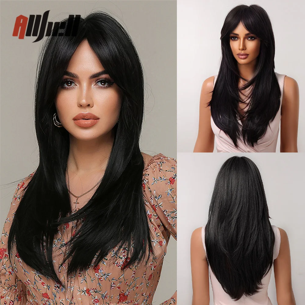 Synthetic Natural Black Wig for Black Women Long Straight Wig with Bangs He - £16.35 GBP+