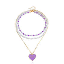 Purple Enamel &amp; Pearl Heart Pendant Necklace Set - £11.26 GBP