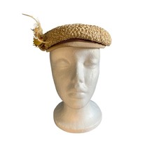 Corailie Tan Hat with Feather and Ribbon Accents Sz 22 Vintage - $30.88