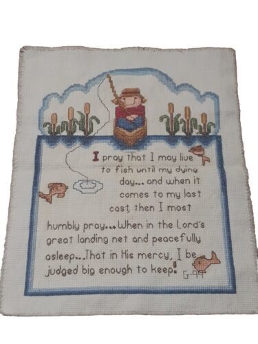 Primary image for COMPLETED Cross Stitch Sampler, Fisherman Fishing Prayer "I Pray"