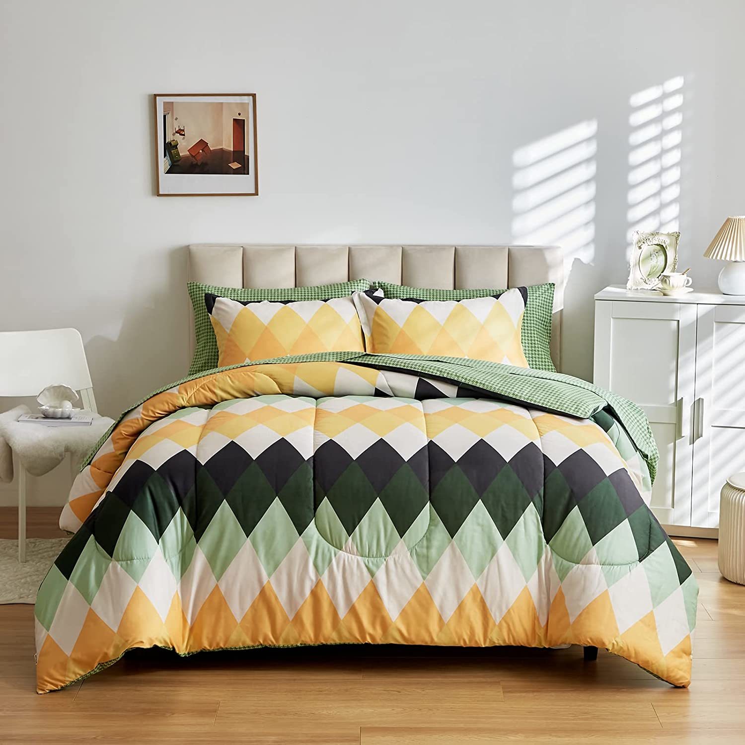 Rhombus Comforter Sheet Set 7 Pieces Bed In A Bag White Green Yellow Diamond Que - £66.67 GBP
