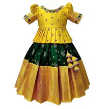 Lemon colour south Indian pattu pavadai Jecquard Lehenga choli for girls dress - £38.75 GBP