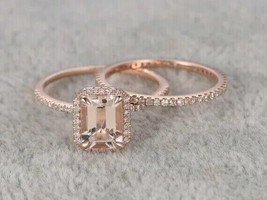 3Ct Emerald Cut  Lab Created Morganite Halo Ring Bridal Set 14K Rose Gold Plated - £125.33 GBP