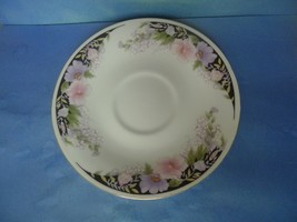 Vintage China Pottery White Black Saucer flowers floral ornament pattern - $11.31