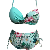 2pc Tropical Print Bikini Swimsuit Criss-Cross Top High Waisted Lace Up Bottom - £20.37 GBP