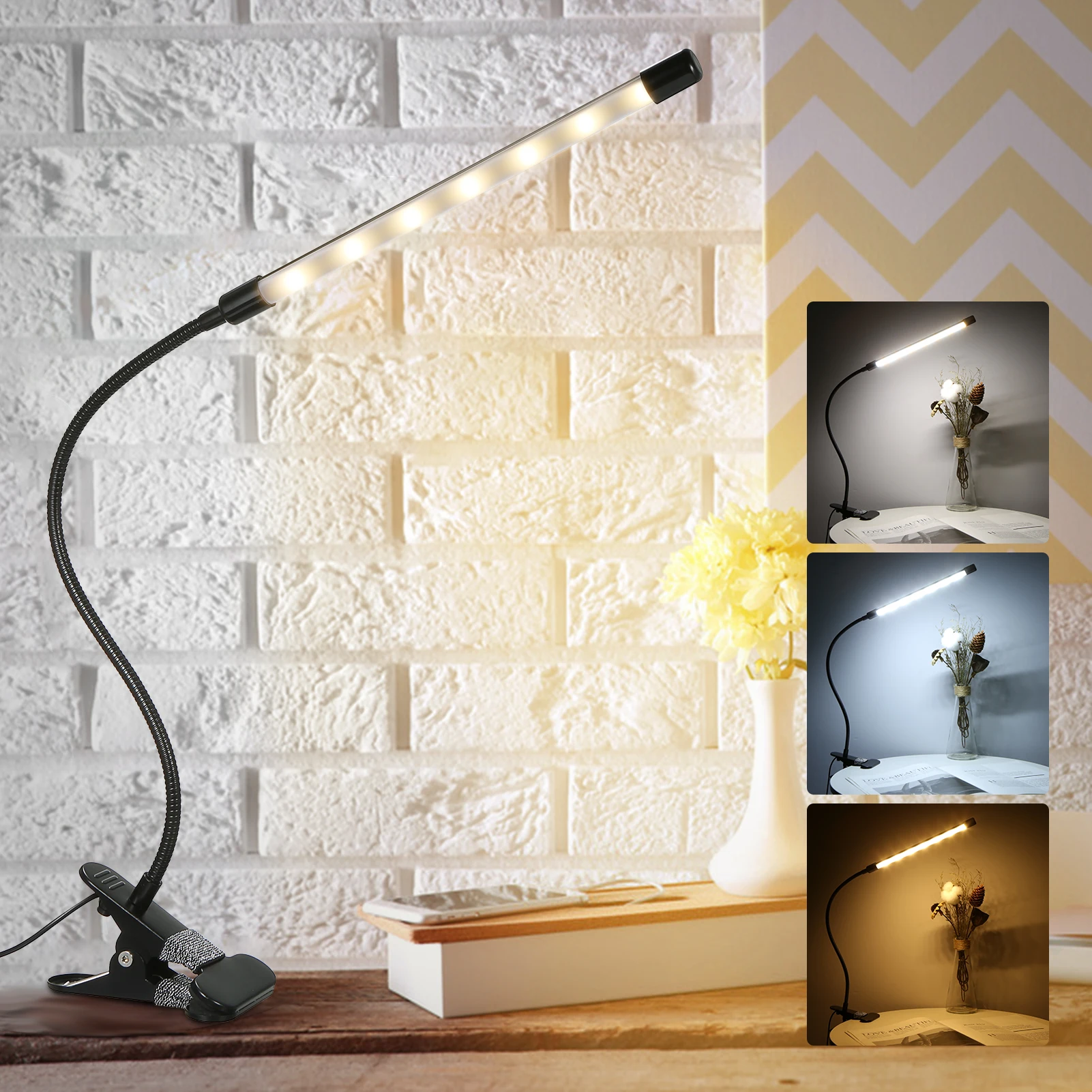 Flexible LEDs Clip-on Desk Lamp Dimmable Reading Light 3 Lighting Modes 10 - £15.78 GBP