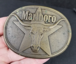 Marlboro belt buckle Phillip Morris 1987 vintage solid brass bull star USA - $23.99
