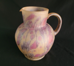 Vintage Israeli Hebron Hand Painted Frosted Drip Glaze Large Floral Pitcher - $95.74