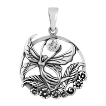Fearless Fairy Holds White CZ Moon .925 Silver Pendant - £14.13 GBP