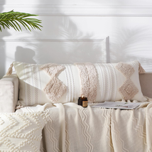 Boho Lumbar Pillow Cover 14X36 Inch, Cream Decorative Long Accent Throw Pillow C - £35.14 GBP