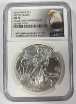 2016 Argento American Eagle Selezionato Da NGC Come MS-70 Primo Stampe 30th - £87.25 GBP