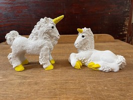 Pair Stone Critters Don James 1980s Curly Unicorn Figures White Yellow U... - £37.95 GBP