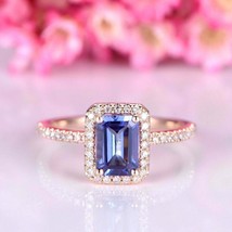 2.20Ct Emerald Cut Blue Sapphire Halo Engagement Ring Solid 14K Rose Gold Finish - £131.22 GBP