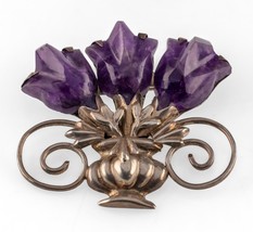 Vintage Mexico Amethyst Flowers in Sterling Silver Vase Brooch 46.6gr - £493.98 GBP